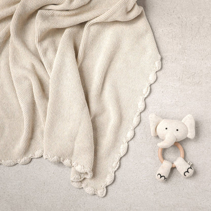 Scallop Knit Baby Blanket + Elephant Ring Rattle Gift Set