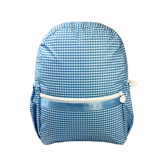 Baby Blue Gingham Glossy Backpack w/ Pockets