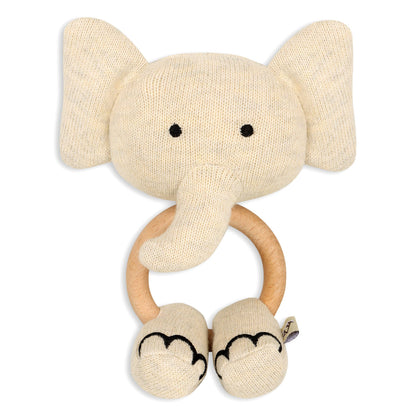 Scallop Knit Baby Blanket + Elephant Ring Rattle Gift Set