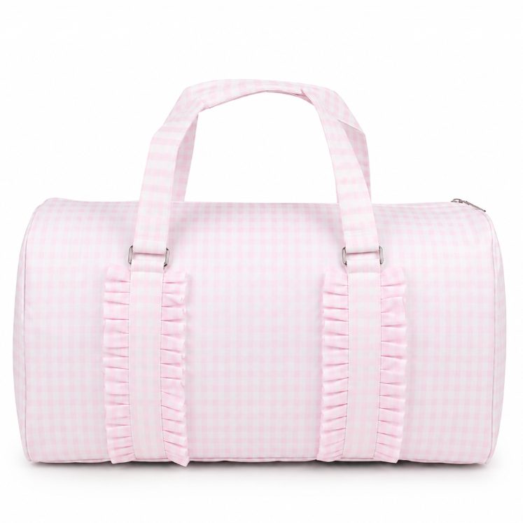 Light Pink Gingham Ruffled Weekend Duffel