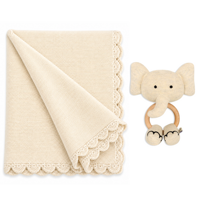 Scallop Knit Baby Blanket + Elephant Ring Rattle Gift Set