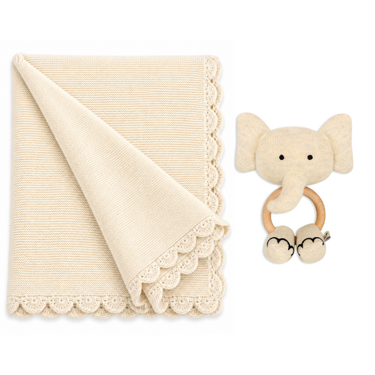 Scallop Knit Baby Blanket + Elephant Ring Rattle Gift Set