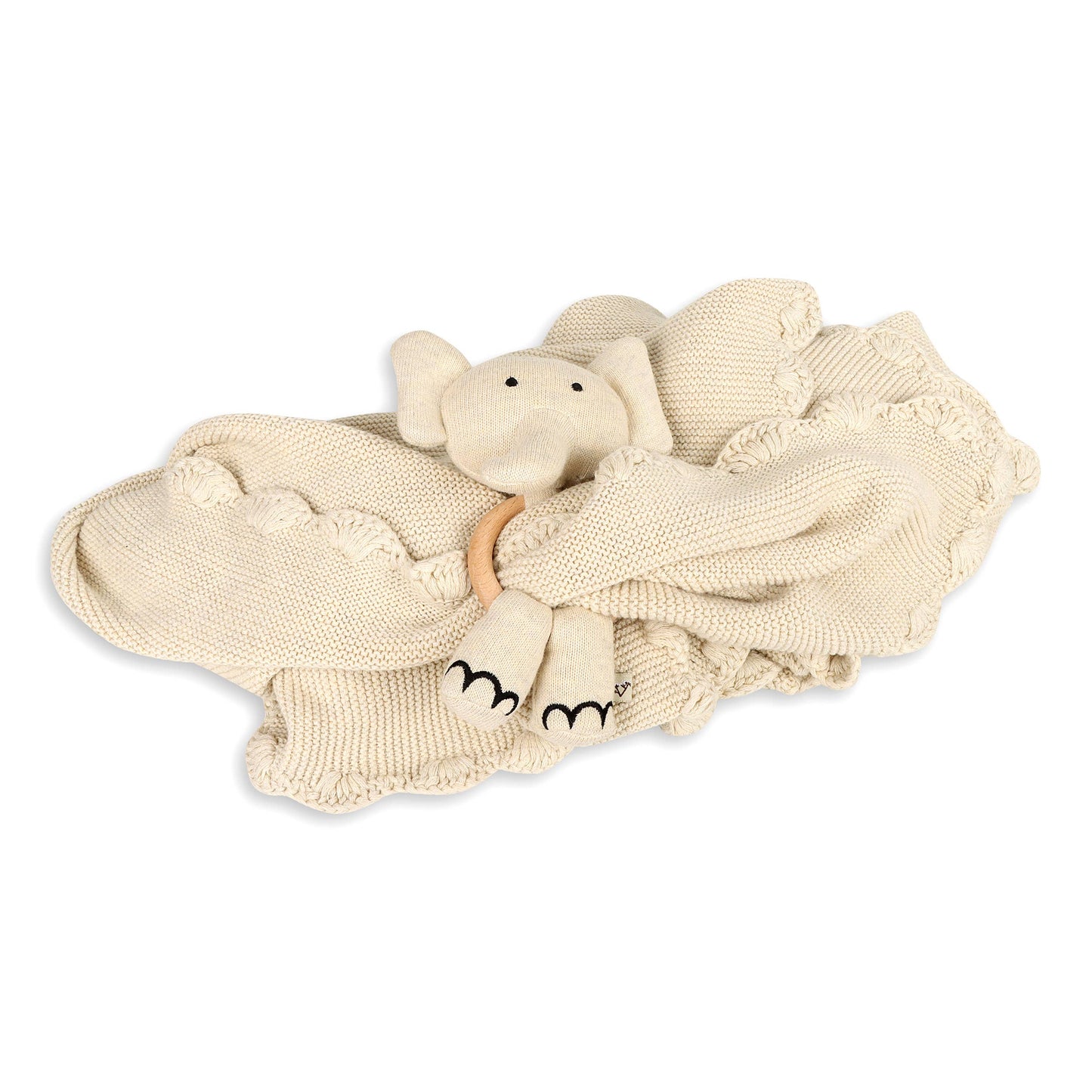 Scallop Knit Baby Blanket + Elephant Ring Rattle Gift Set