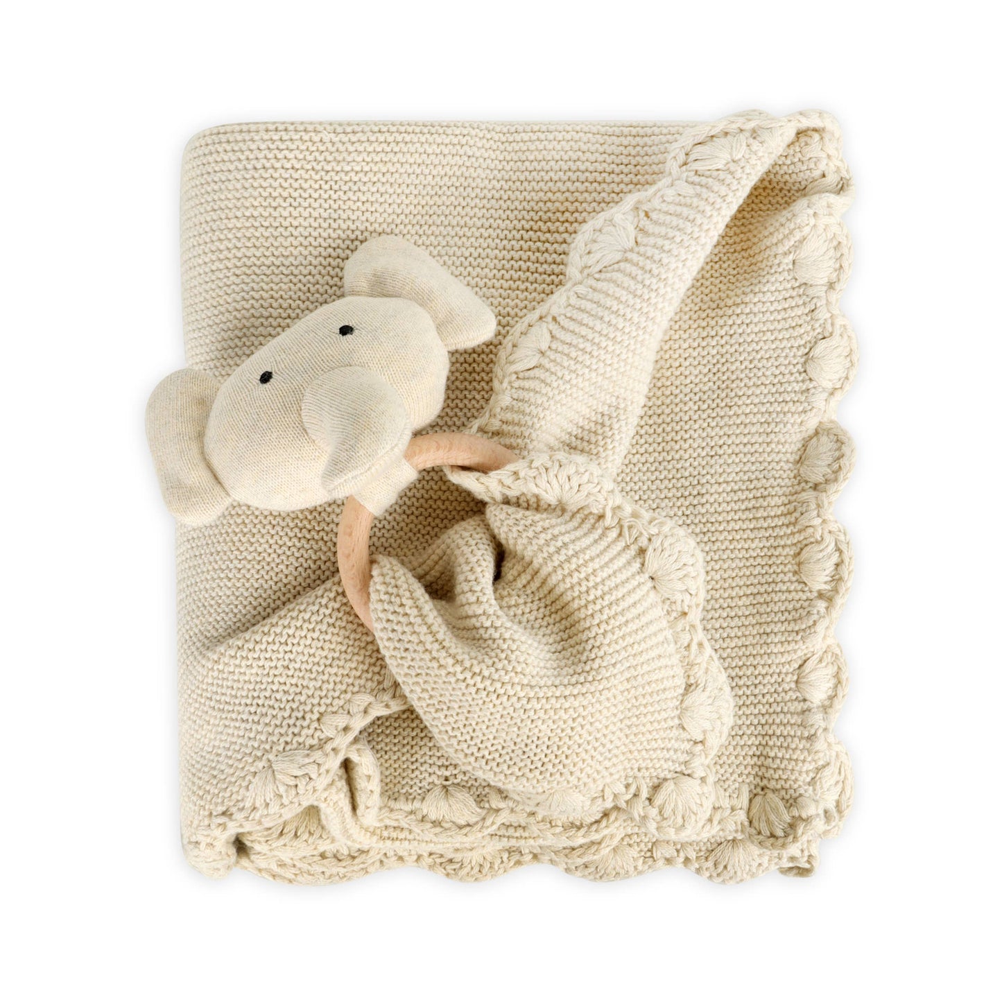 Scallop Knit Baby Blanket + Elephant Ring Rattle Gift Set
