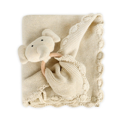 Scallop Knit Baby Blanket + Elephant Ring Rattle Gift Set